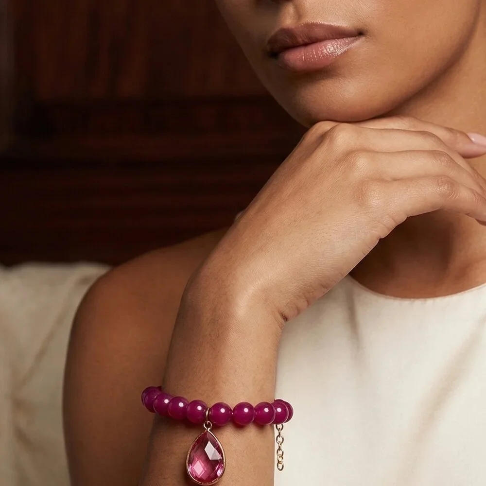 Magenta Beaded Stretch Bracelet with Teardrop Crystal Charm - Picture 3 of 5